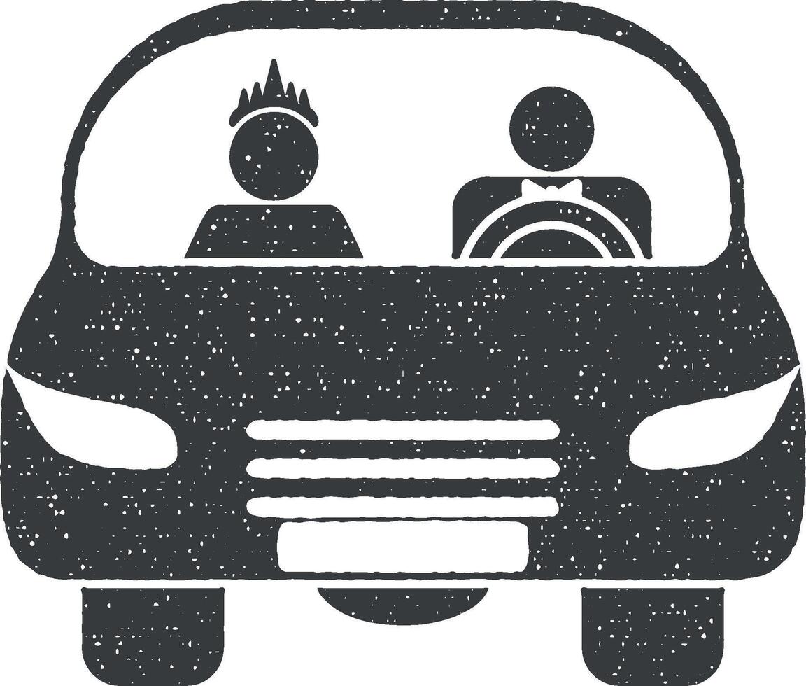 recién casados en el coche vector icono ilustración con sello efecto