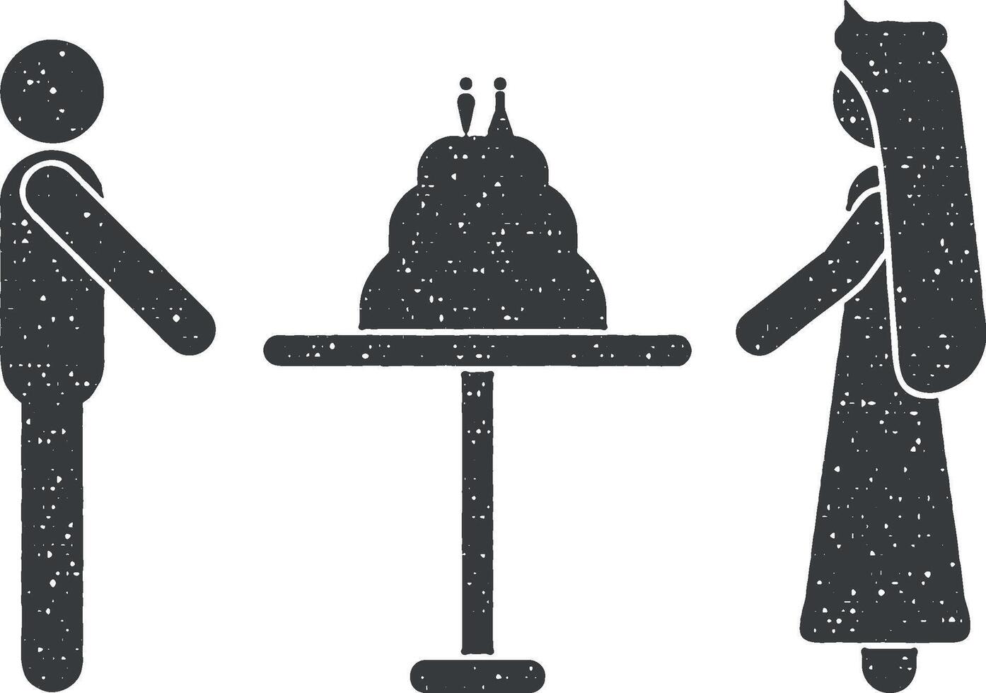 newlyweds and wedding cake vector icon illustration with stamp effect