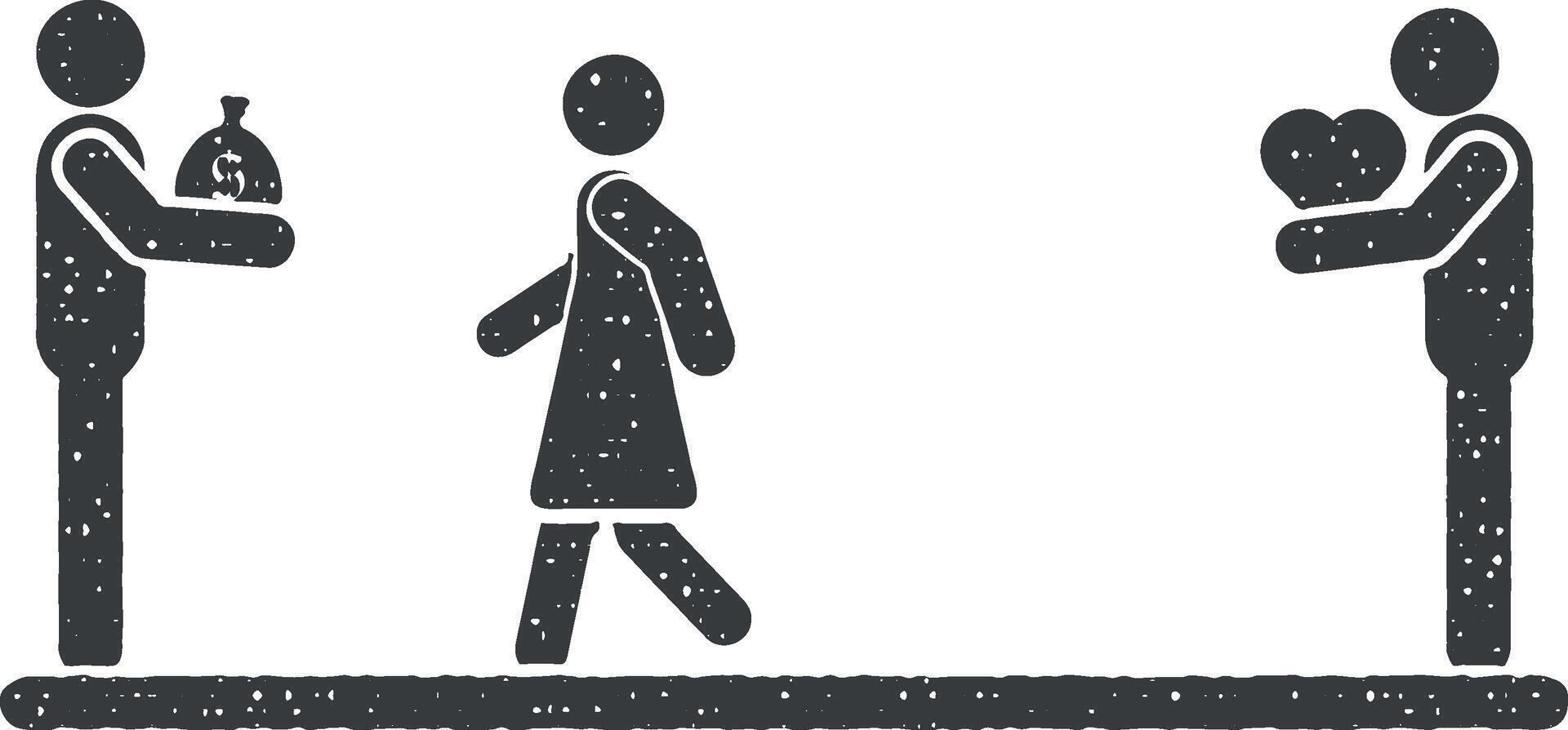 a girl refuses love for money vector icon illustration with stamp effect