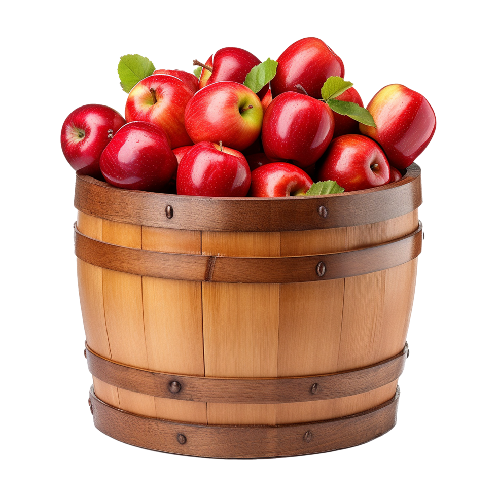 AI generated Apples in a wooden barrel isolated on transparent background png