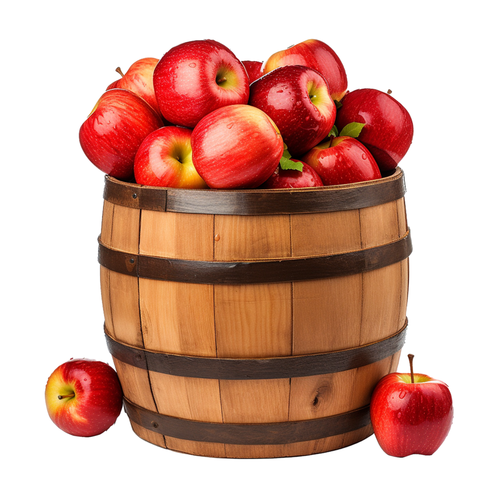 AI generated Apples in a wooden barrel isolated on transparent background png