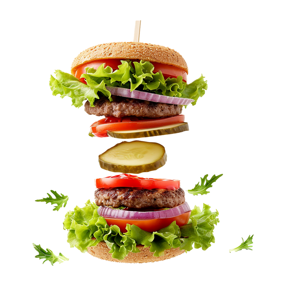 AI generated Homemade burger flying isolated on transparent background png