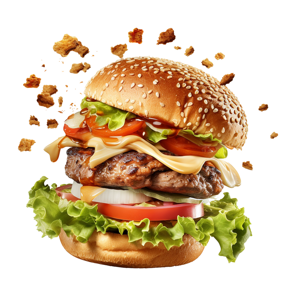 AI generated Homemade burger flying isolated on transparent background png