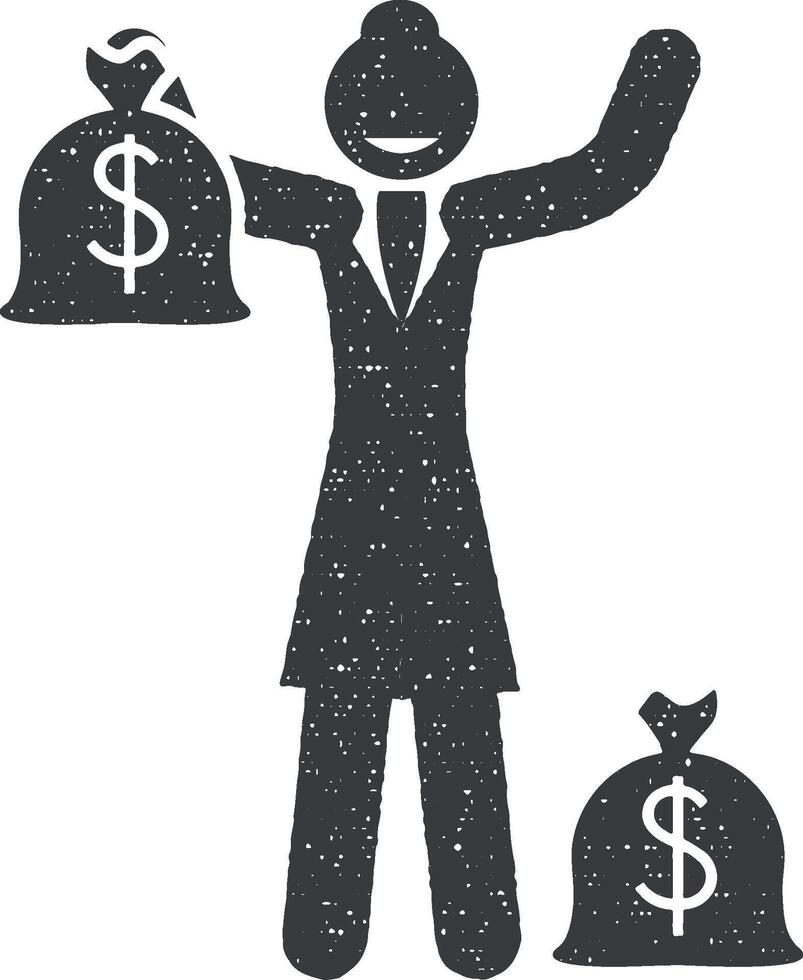 businesswoman, money icon vector illustration in stamp style