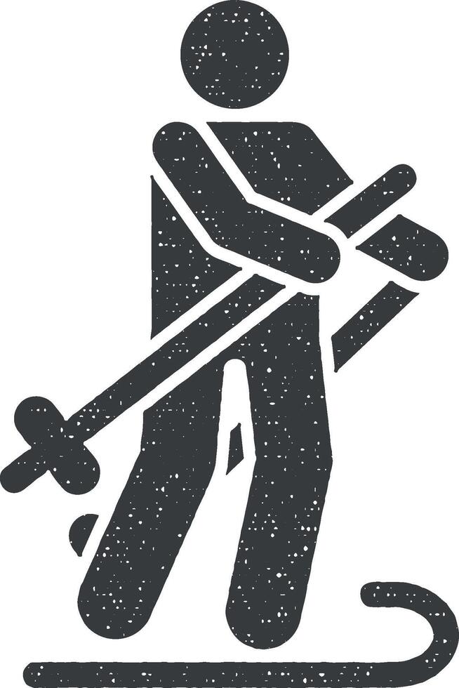 hombre esquí nieve aventuras alpino icono vector ilustración en sello estilo