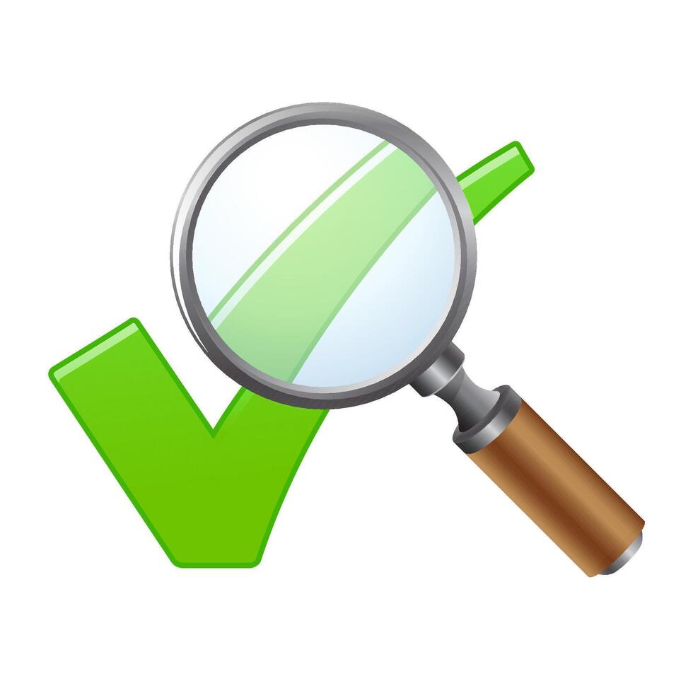 Magnifier check mark icon in color. Zoom find locate vector