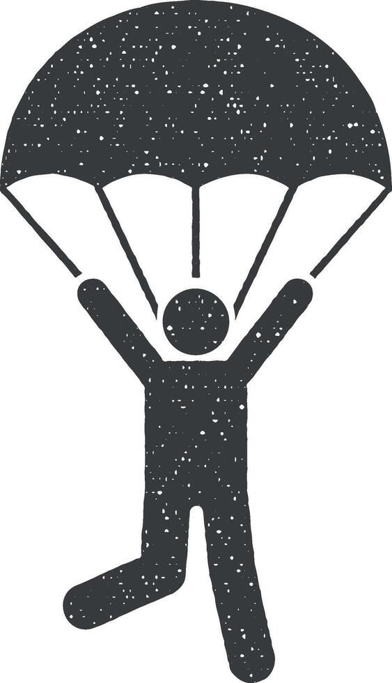 hombre paracaídas paracaidismo viaje icono vector ilustración en sello estilo