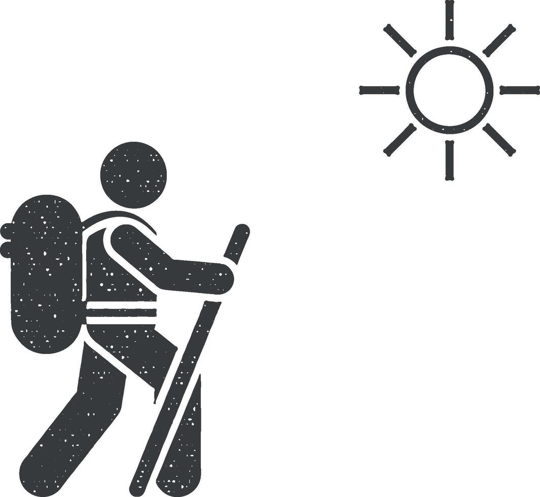 hombre excursionismo mochila aventuras icono vector ilustración en sello estilo