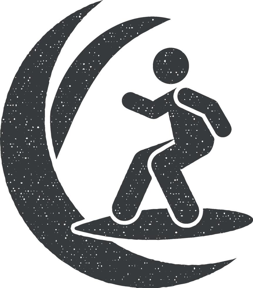 hombre aventuras surf icono vector ilustración en sello estilo