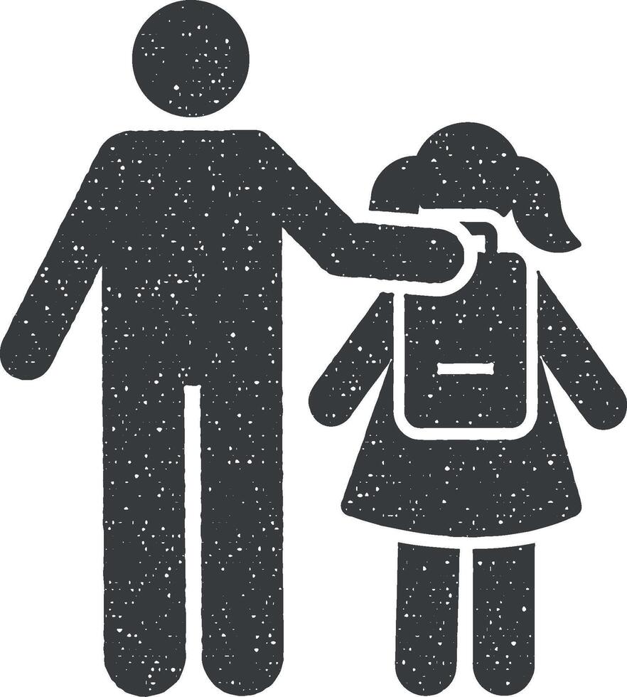 padre niña colegio caminar camino pictograma icono vector ilustración en sello estilo