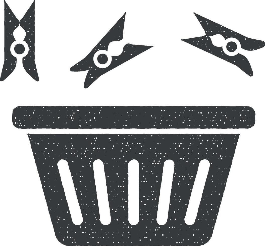 Laundry, clother tub, clothespin icon vector illustration in stamp style