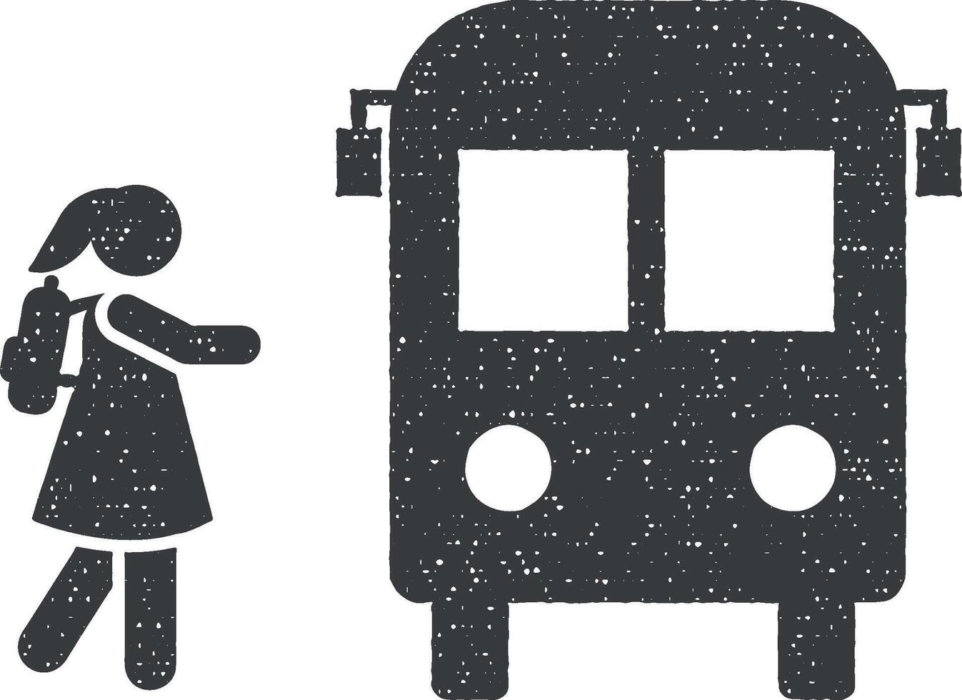 Girl student go bus school pictogram icon vector illustration in stamp style