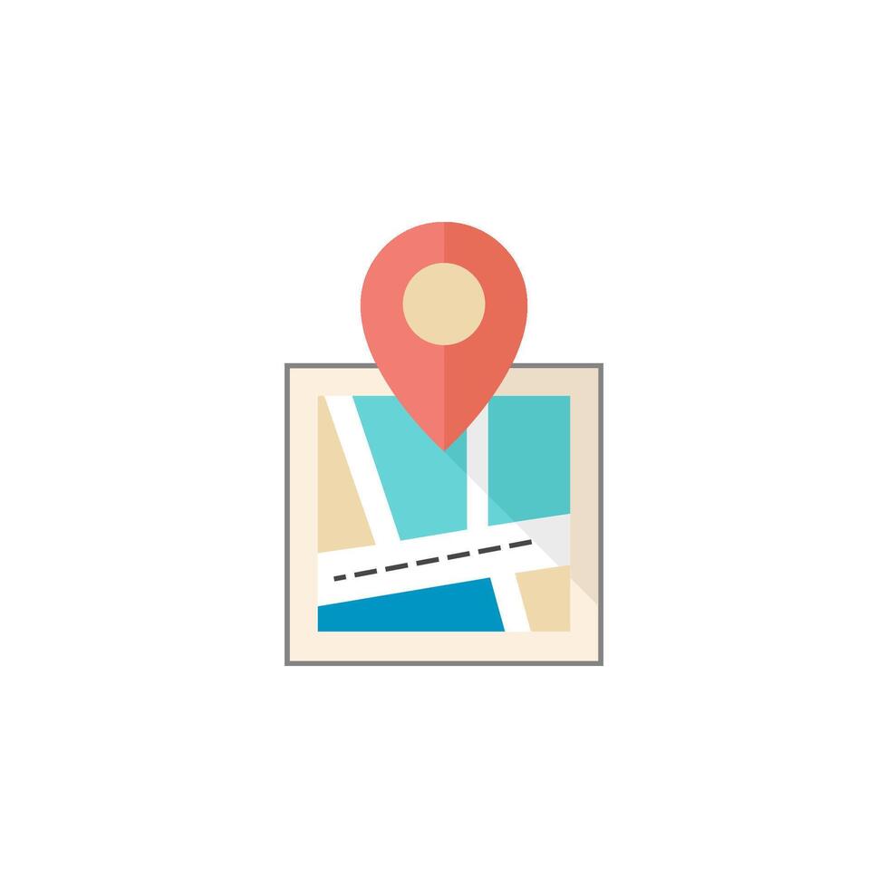 Road map icon with pin location in flat color style. vector