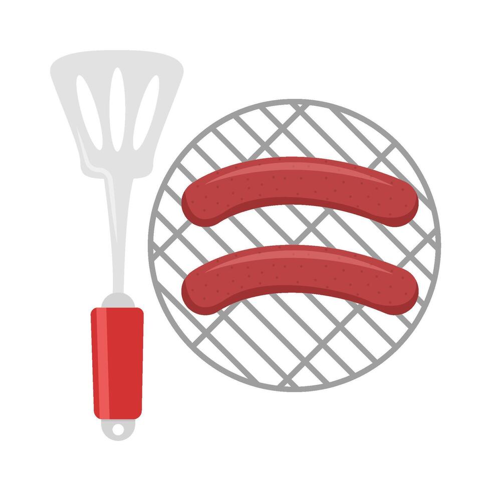 spatula with sausage in grill illustration vector
