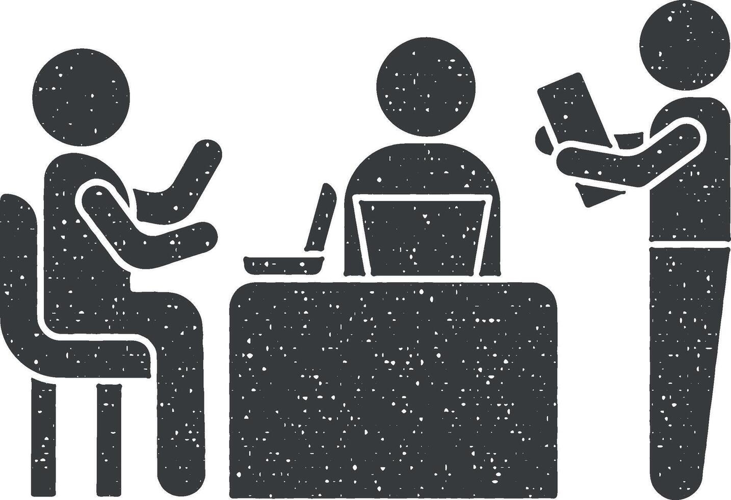 entrenador sentado ordenador portátil icono vector ilustración en sello estilo