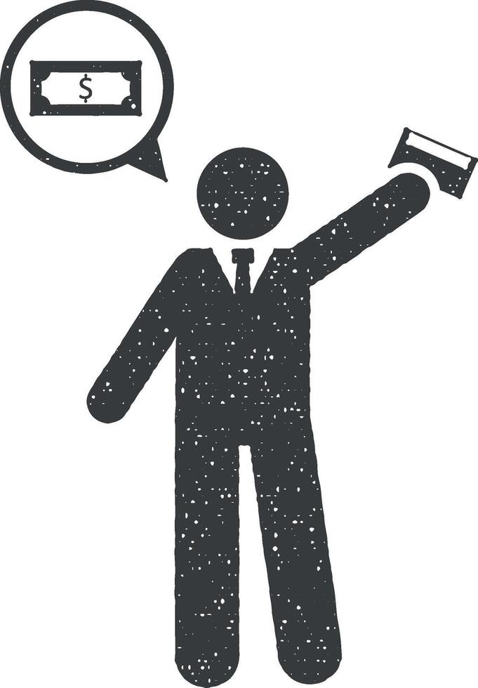 Card, businessman, money icon vector illustration in stamp style
