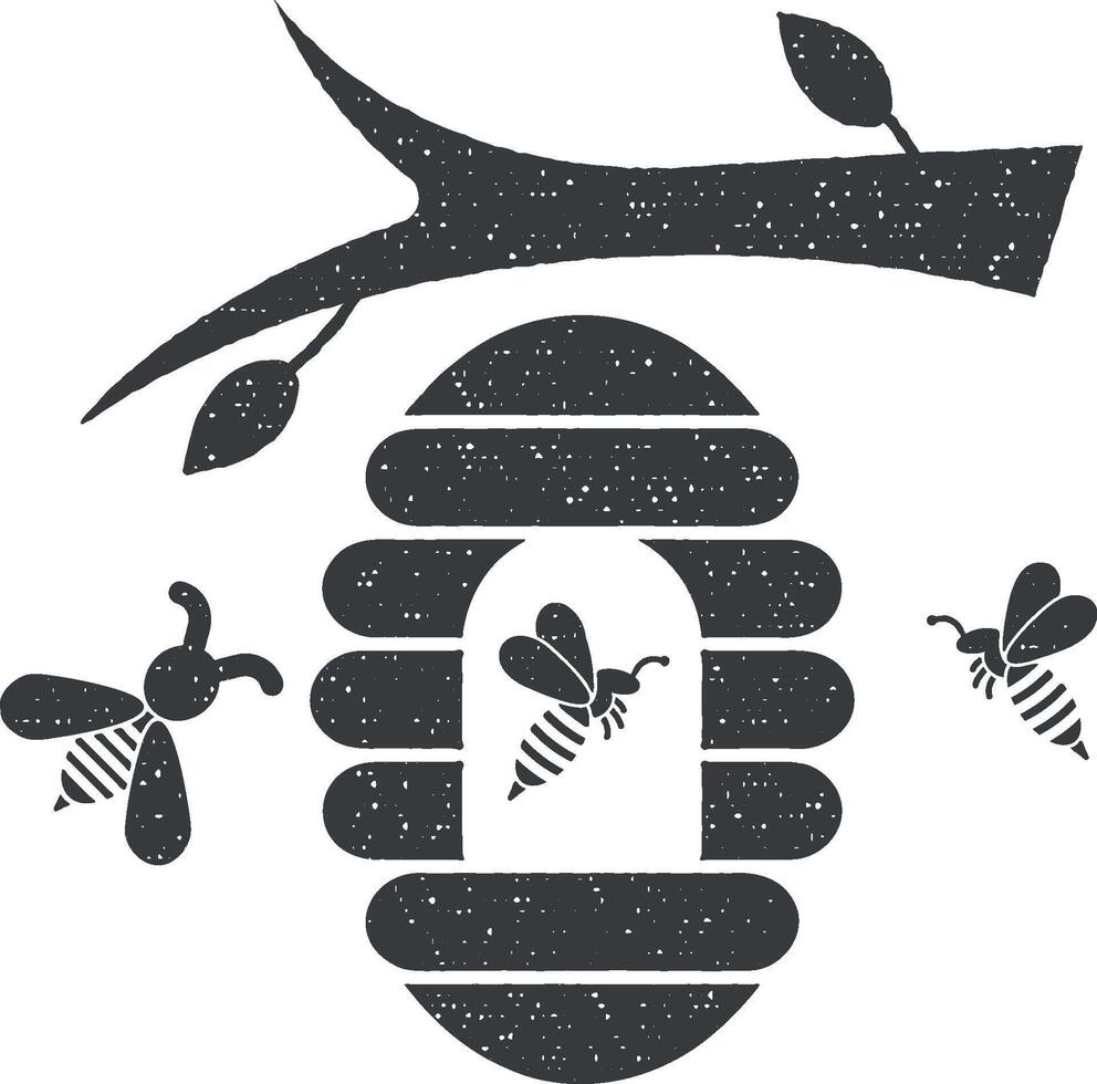 hive, bee icon vector illustration in stamp style