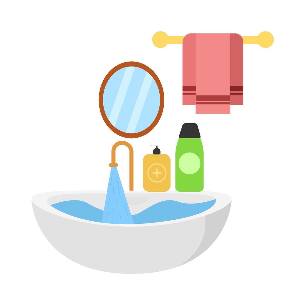 jabón en agua lavabo miror con toalla colgando ilustración vector