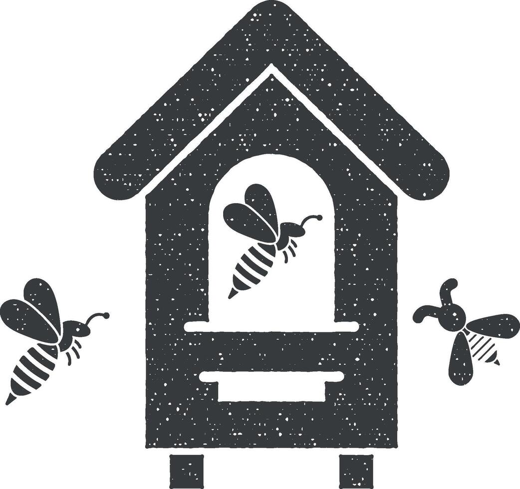 hive, bee icon vector illustration in stamp style