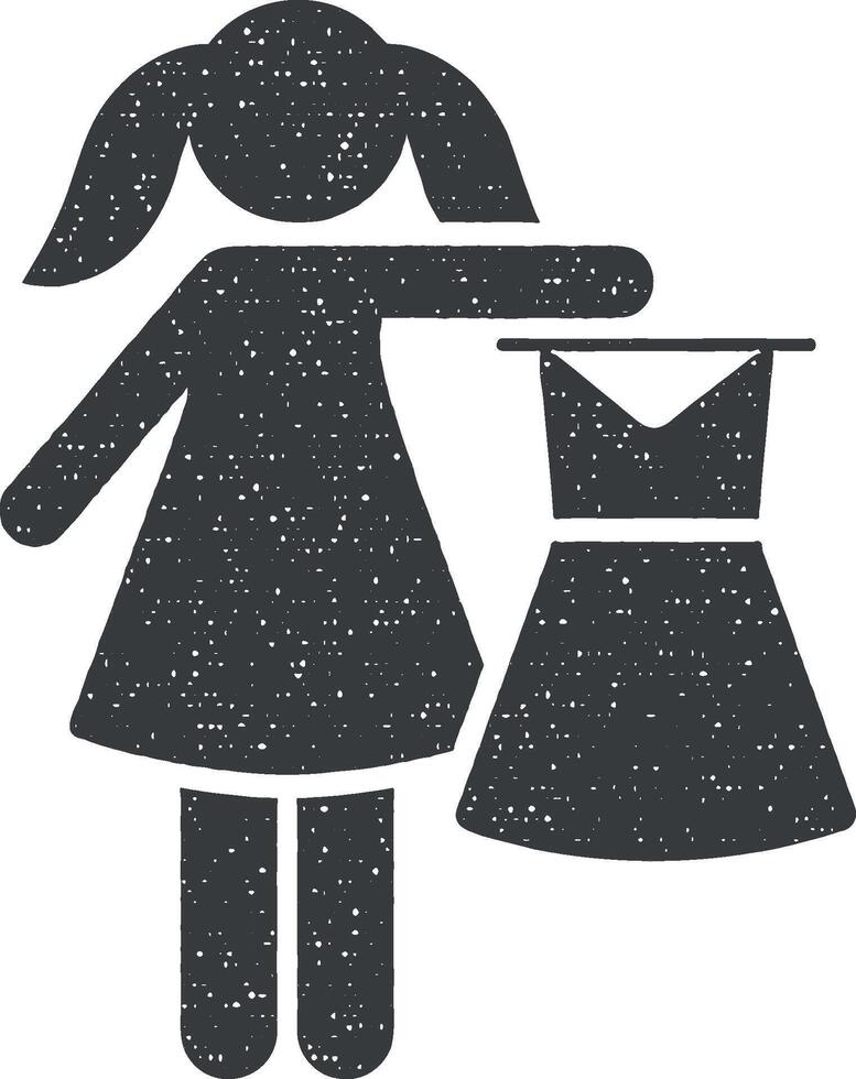 chica, hogar, vestido, niños icono vector ilustración en sello estilo