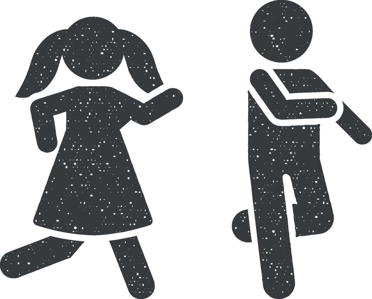chico, chica, jugar, correr, juego icono vector ilustración en sello estilo