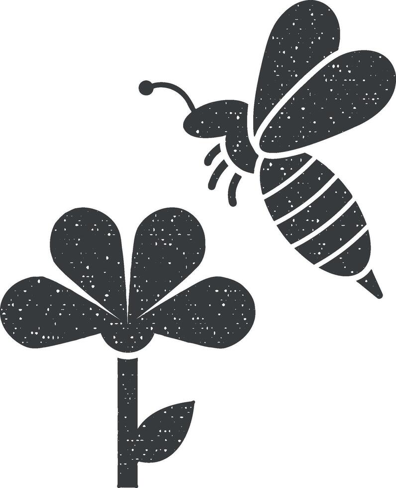 flower, bee icon vector illustration in stamp style