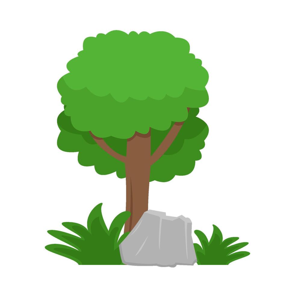 tree, grass with stone illustration vector