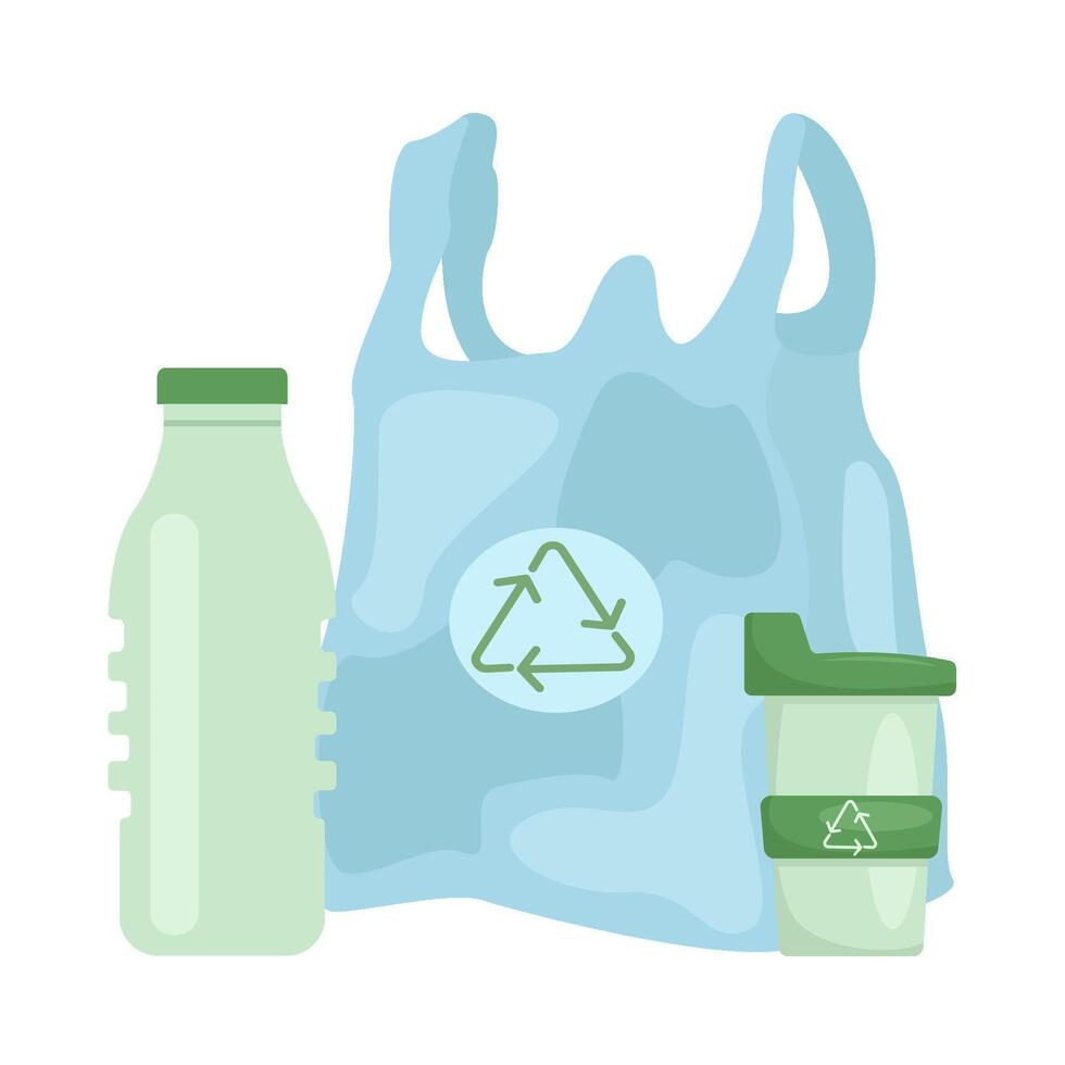 plastic bag, cup plastic with bottle plastic illustration vector