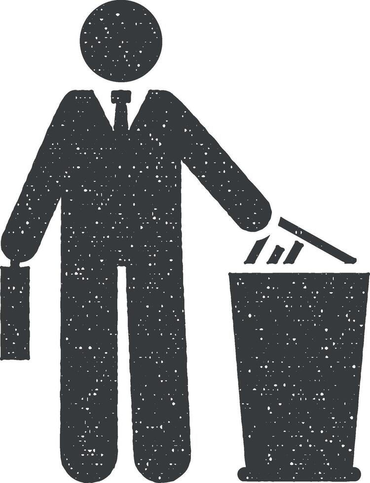 Trash can, bill, businessman icon vector illustration in stamp style