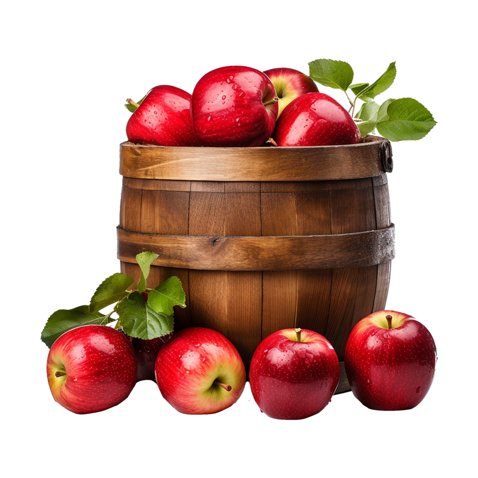 AI generated Apples in a wooden barrel isolated on transparent background png