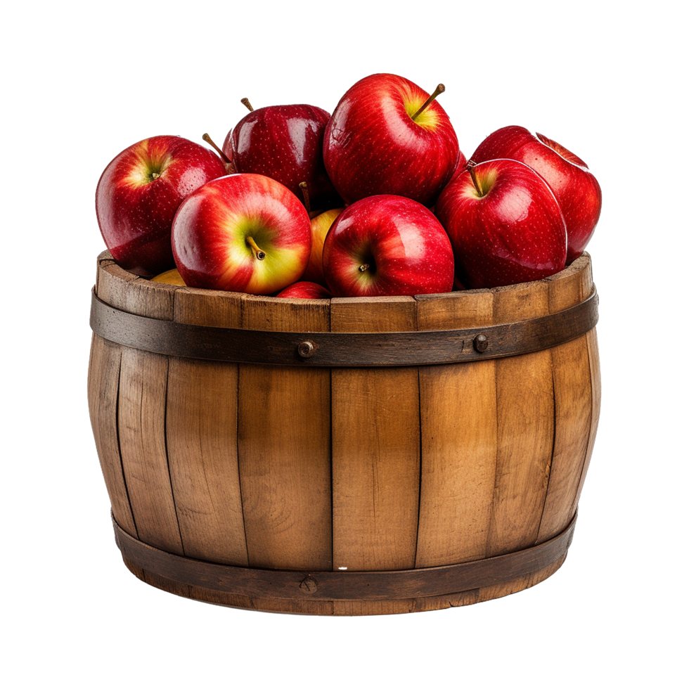 AI generated Apples in a wooden barrel isolated on transparent background png