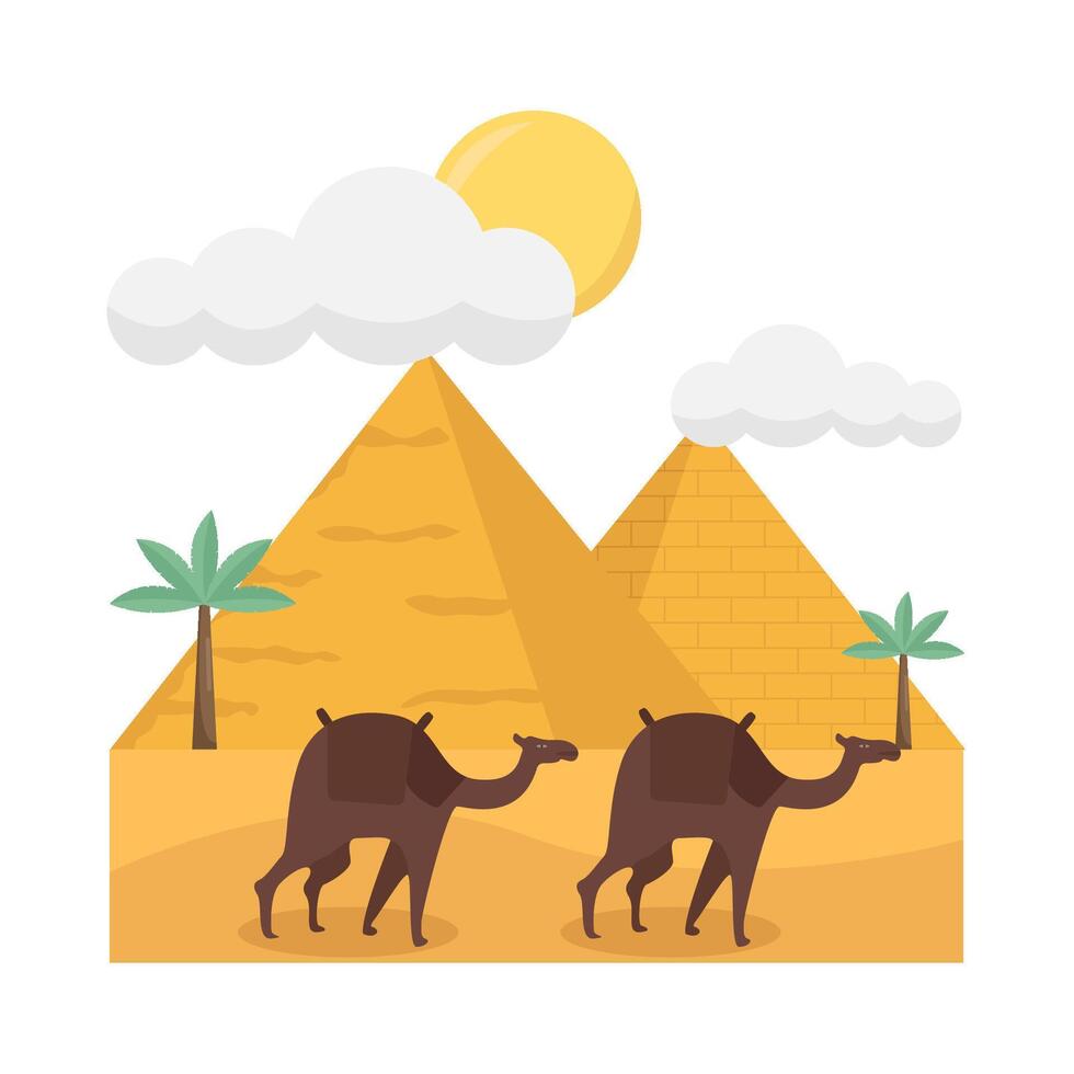 pyramid, sun summer, palm tree with camel illustration vector