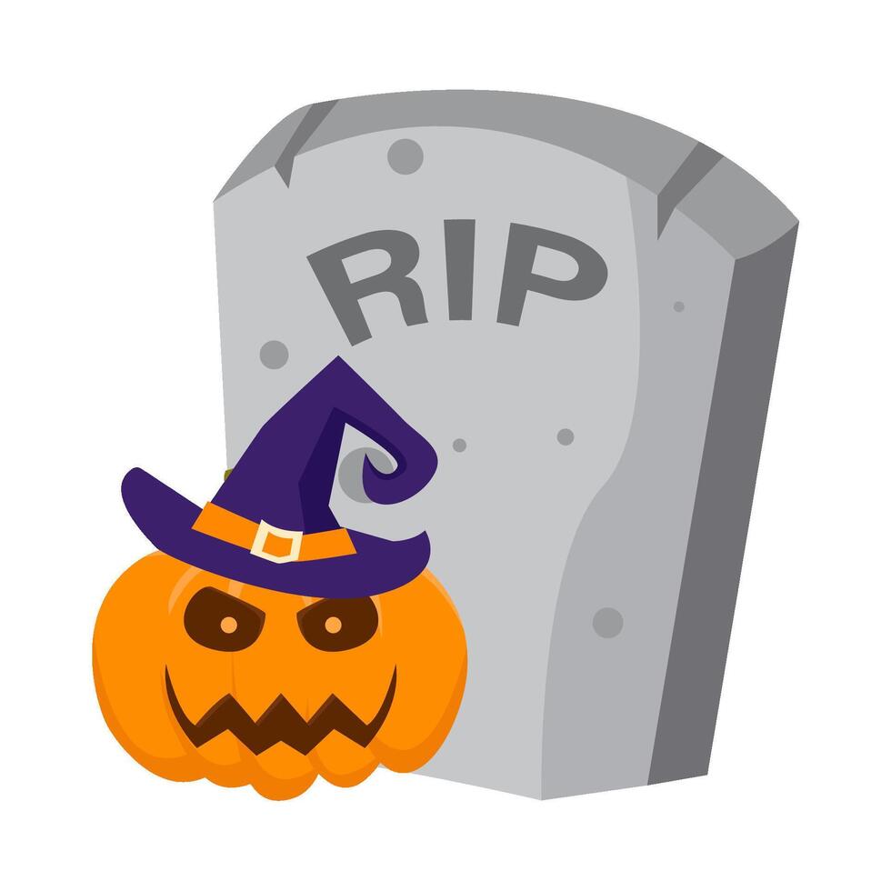 pumpkin halloween witch in tombstone illustration vector