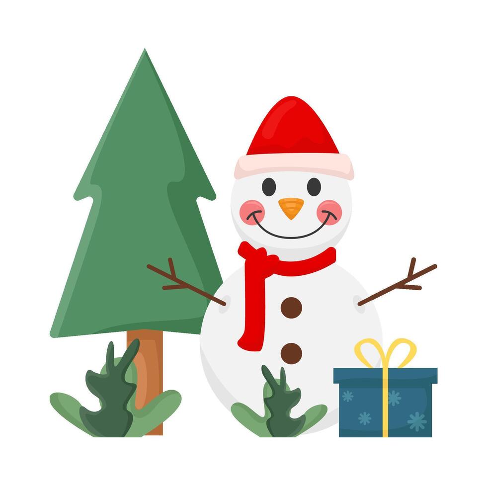 muñeco de nieve, regalo caja con árbol abeto ilustración vector