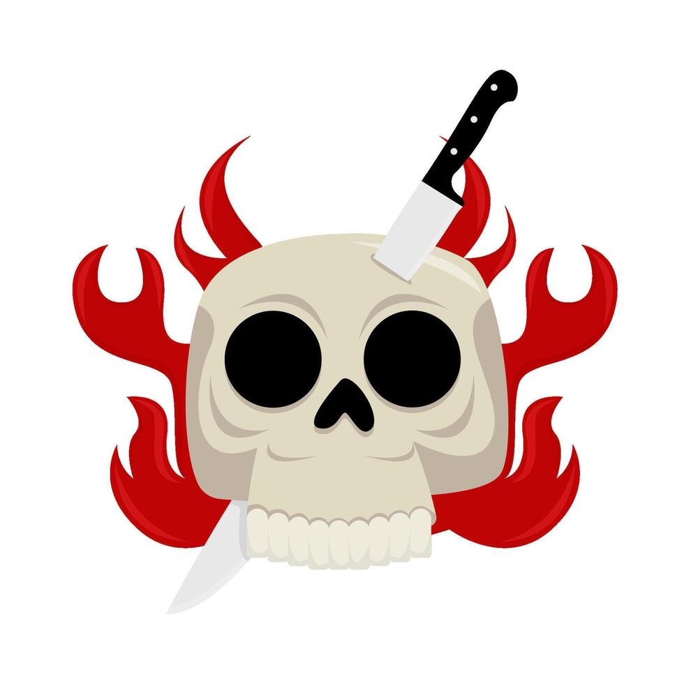 cuchillo en cráneo con fuego ilustración vector