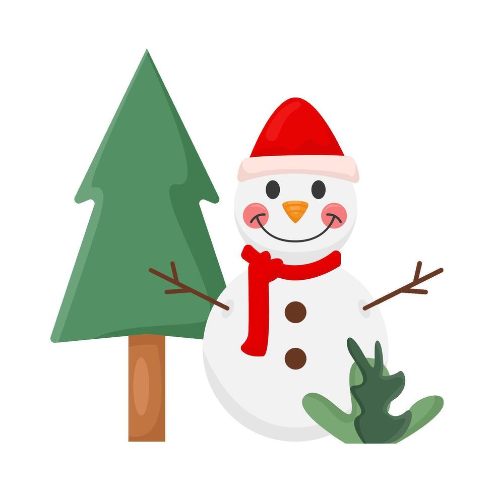 monigote de nieve con árbol abeto ilustración vector