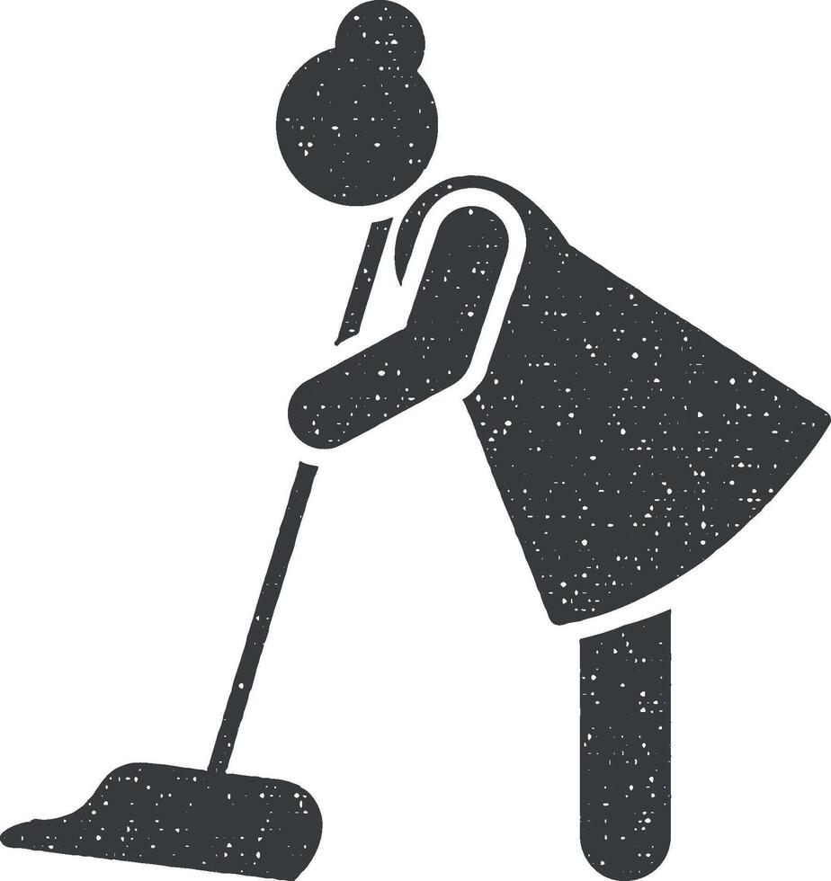 Woman, cleaning, floor icon vector illustration in stamp style