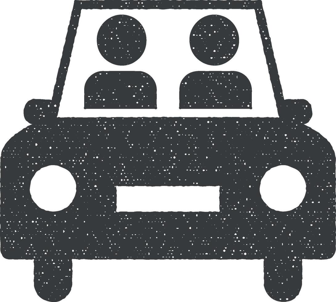 Two man, driving, car, vehicle icon vector illustration in stamp style