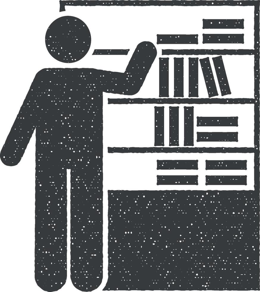 biblioteca, alumno, libro icono vector ilustración en sello estilo