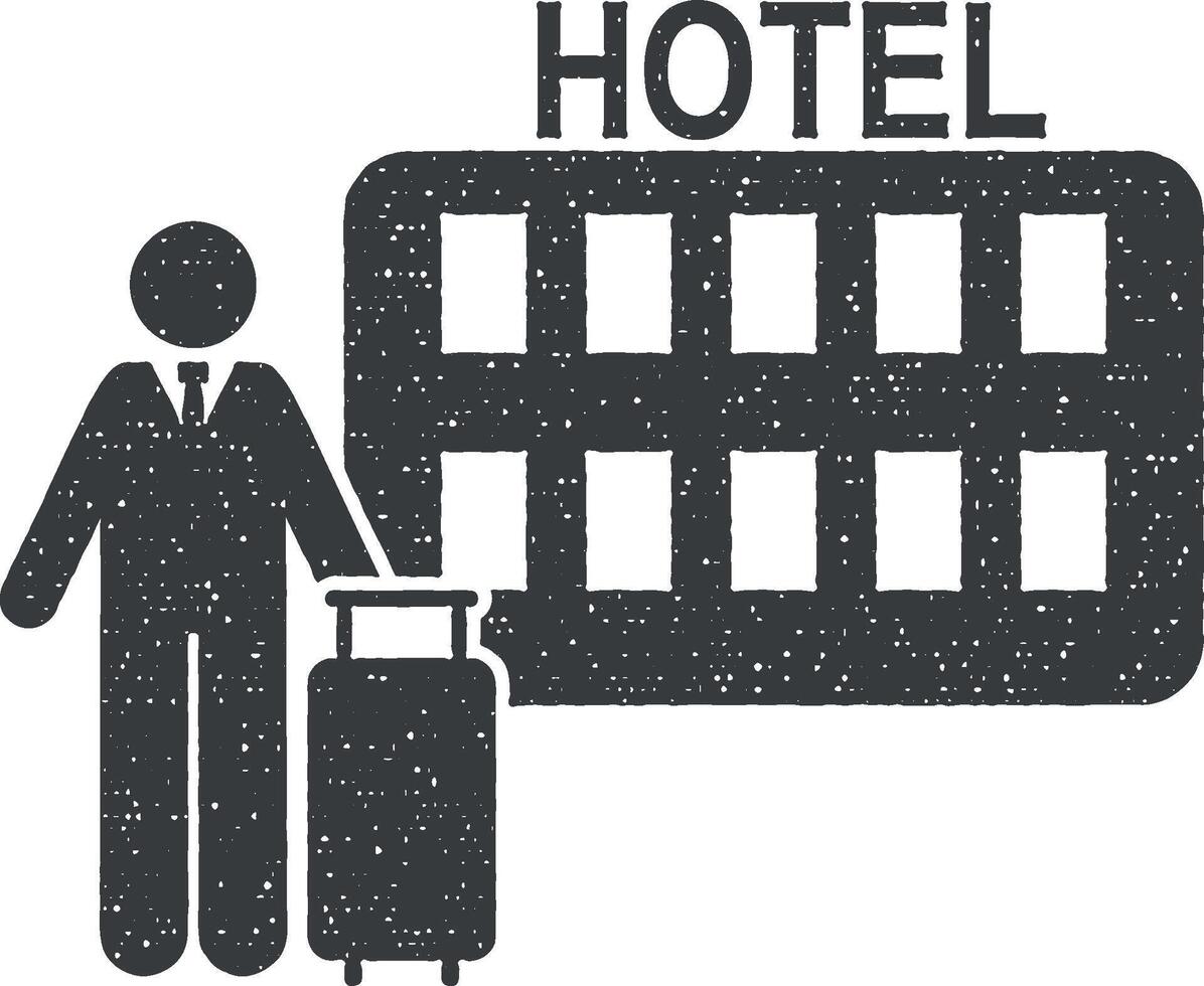 Hotel, man, travel, go icon vector illustration in stamp style