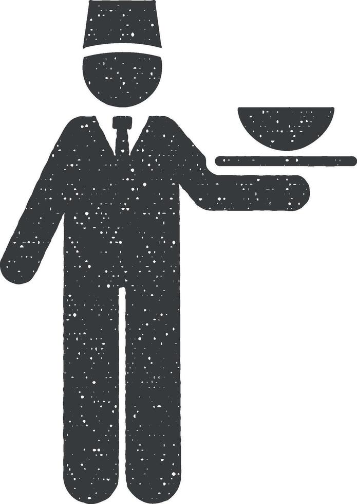 alimento, servicios, hotel, camarero icono vector ilustración en sello estilo