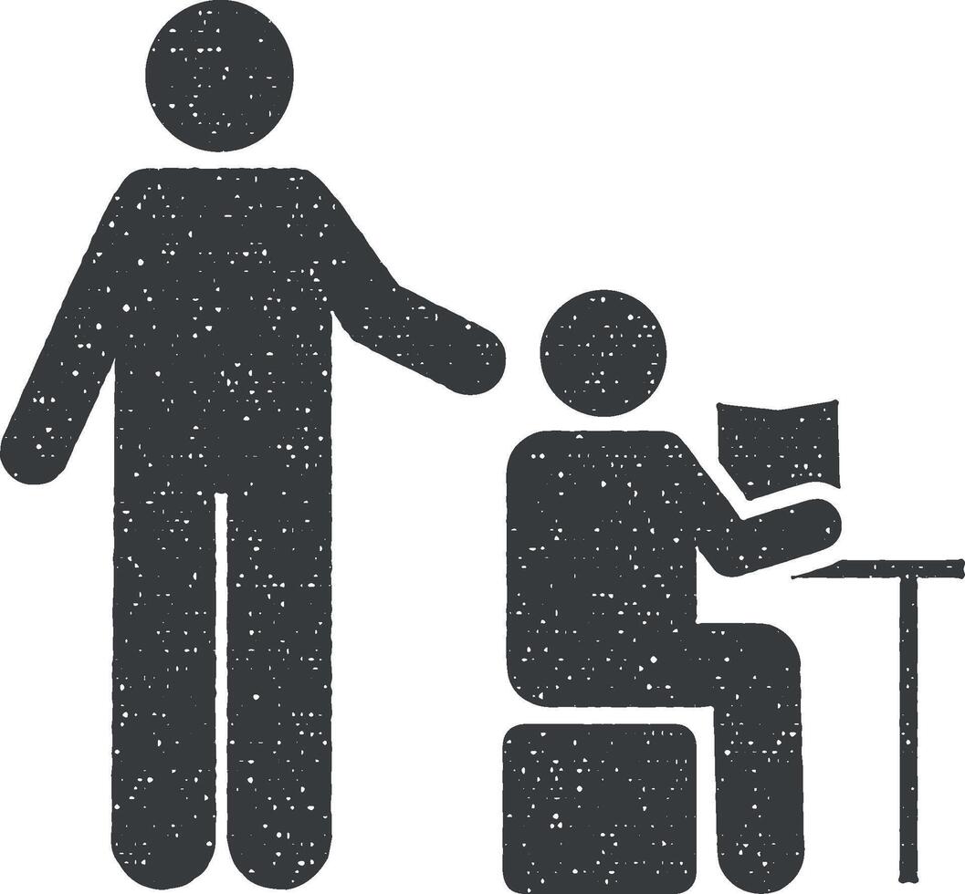 Teacher, book, read, student icon vector illustration in stamp style