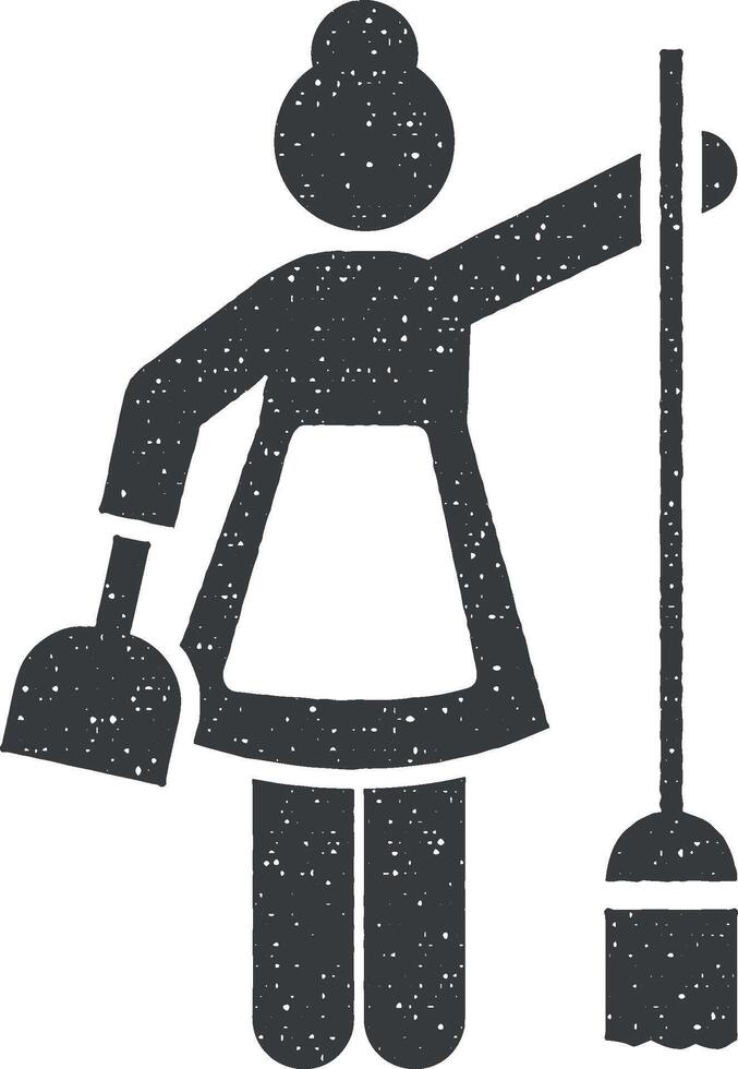 limpieza, mujer, mucama, humano icono vector ilustración en sello estilo