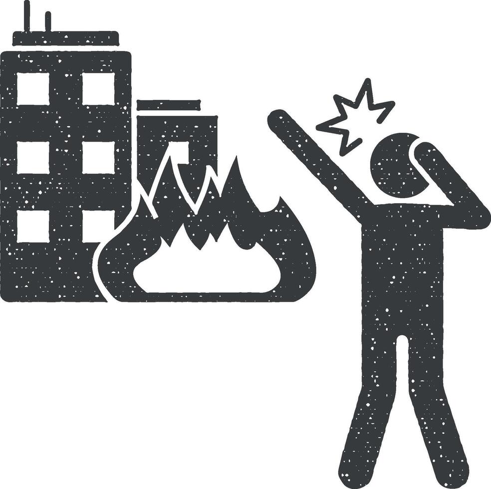 edificio en fuego, hombre llorar icono vector ilustración en sello estilo