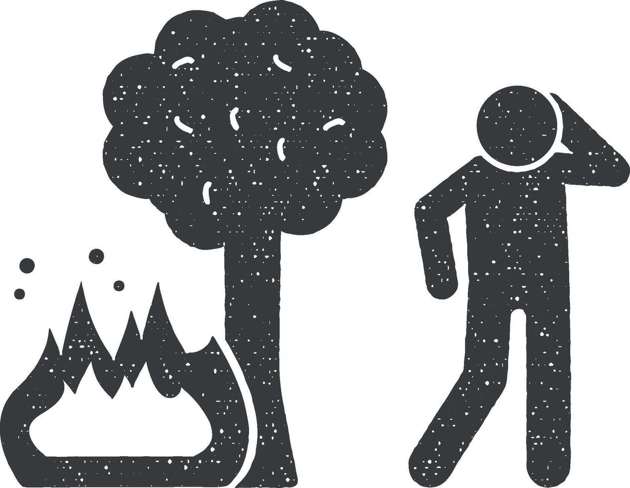 Tree, fire, man icon vector illustration in stamp style