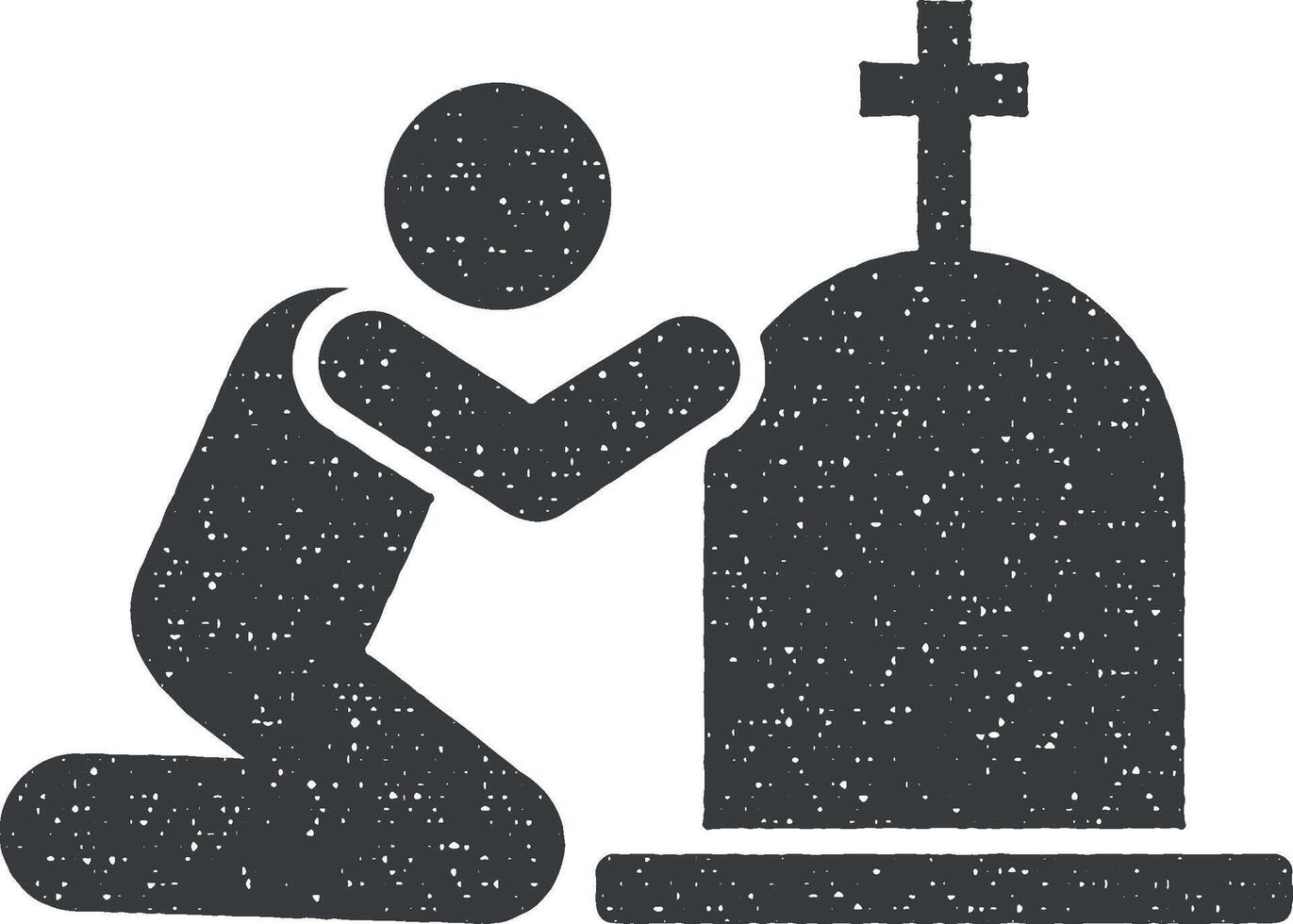 Man coffin burial funeral sorrow icon vector illustration in stamp style