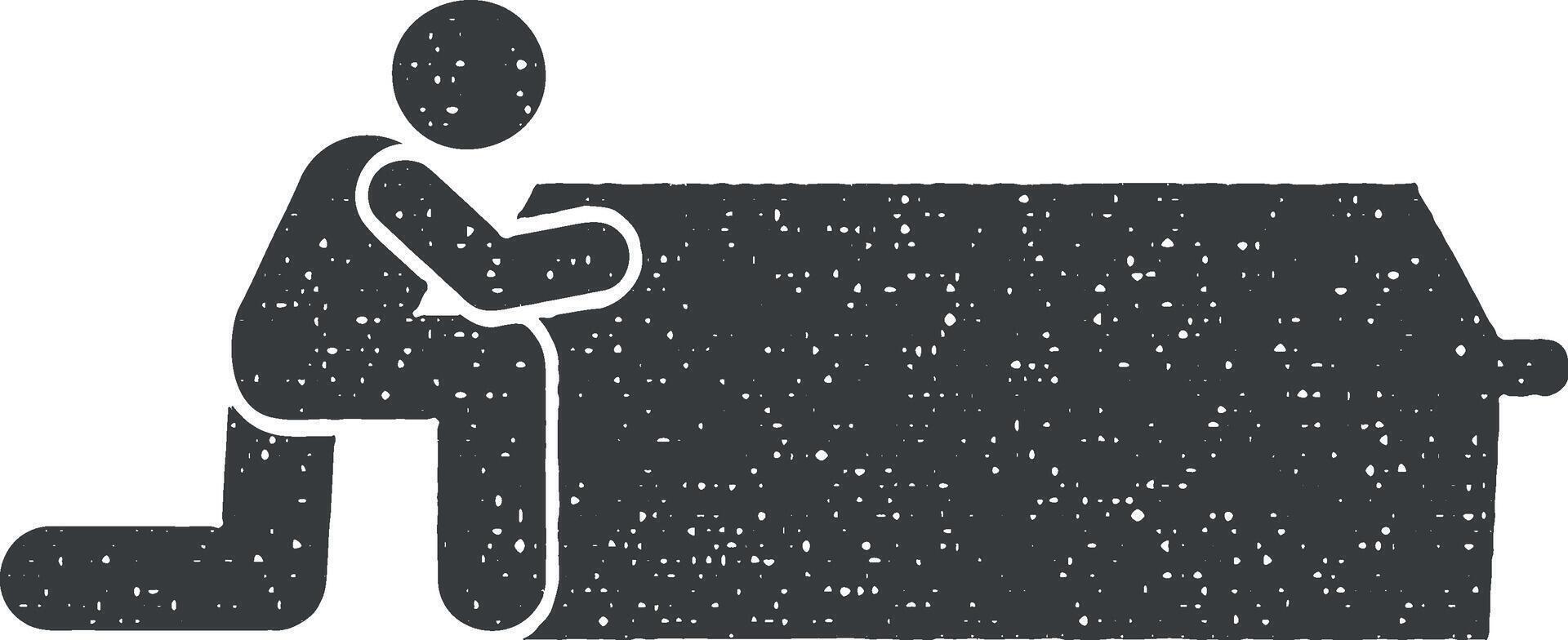 Man dead coffin funeral grave icon vector illustration in stamp style