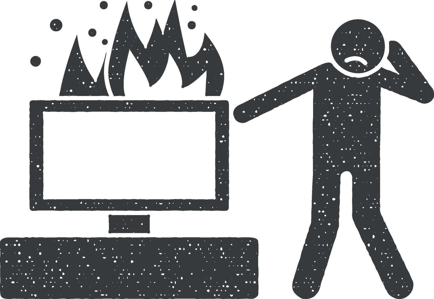 televisión en fuego y hombre llorar icono vector ilustración en sello estilo