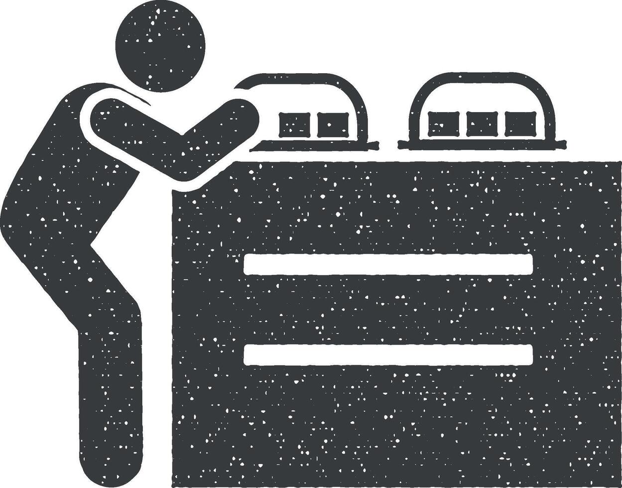 alimento, servicios, hotel, hombre icono vector ilustración en sello estilo