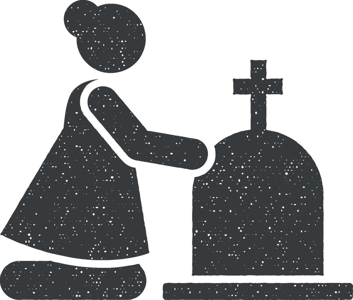 Woman funeral widow weep icon vector illustration in stamp style